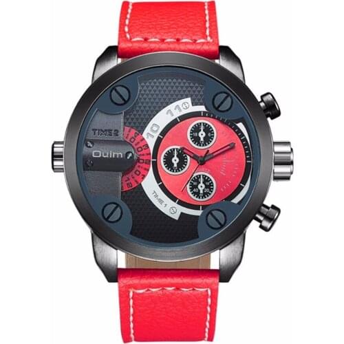 OULM Brand Original Fashion Sports Style Leather Casual Quartz Watches Men Dual Time Zone for Big Wrist Montre Homme Grosses