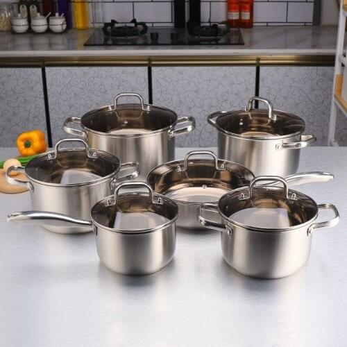 6 Piece Stainless Steel Cooking Pot & Pan Sets Cookware Set Kitchen Safe Saucepan Casserole Pan Glass Lid Pans HWC