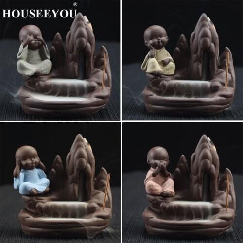 HOUSEEYOU New Little Monk Buddha Waterfall Incense Burner Stick Backflow Incense Holder Home Buddhist Zen Aromatherapy Censer