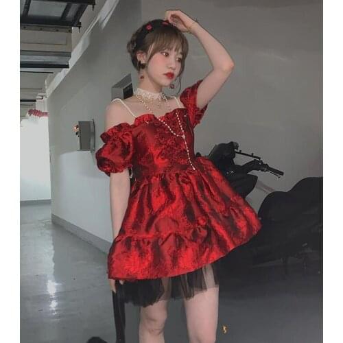 New Summer Girl Harajuku Gothic Lolita Red Dress Sweet Preppy Style Temperament Kawaii Fashion Mini Dress