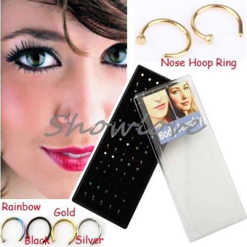 Showlove--40 Pcs Gold & Black & Steel & Rainbow Nose Hoop Ring Piercing 4 Color Mixed And 4 Size Choosable Jewelry 18g,20g