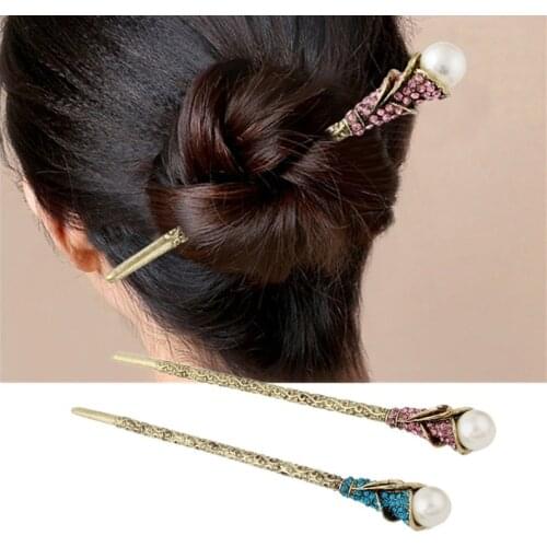Vintage Simulated Pearl Hair Sticks hair Clip For Women Crystal Rhinestone Hairpin Hair Accessories Jewelry