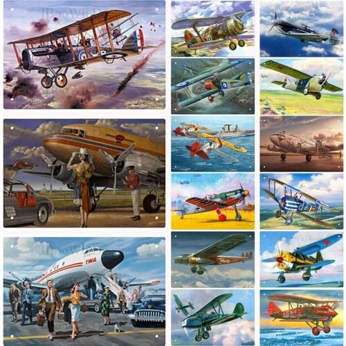 Airplane Fighter Vintage Metal Signs American Style Aircraft Wall Sticker Painting Poster Pub Bar Room Decor