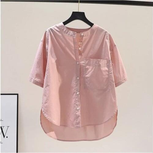100% Cotton Tops Womens Short-sleeve Loose Casual Shirt 2021 Summer Button Up Shirts OL Front Short Back Long Blouse Blusas