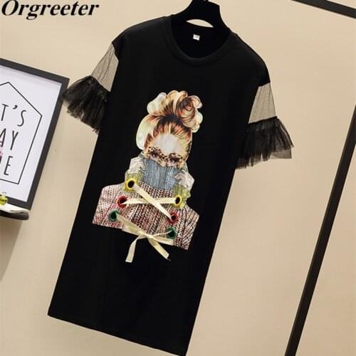 Plus Size 5XL Size Womens T-shirt Dresses 2020 Fashion Streetwear Spectacles girl Print Mesh Patchwork Butterfly Sleeve Dresses