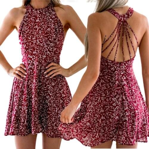 2020 Summer Women Boho Floral Dress Sleeveless Halter Bandage Mini Dresses Ladies Beach Sundress Clubwear