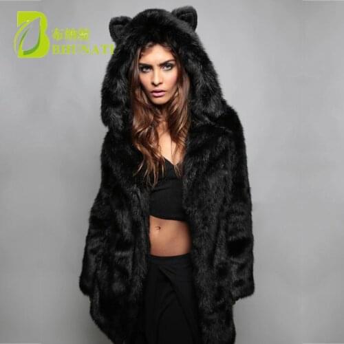 Winter Long Thick Warm Fur Coat Women Cute Animal Ear Hooded Faux Fur Coats Black Lady Elegant Overcoat