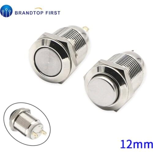 1PC 12mm Waterproof Momentary Round Stainless Steel Metal Push Button Switch Car Start Horn Bell Reset Flat Head & High Head