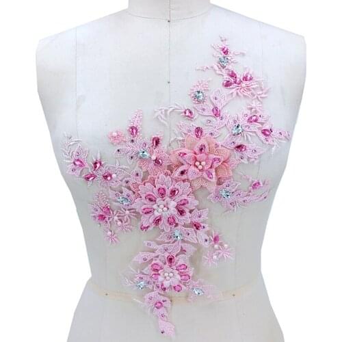 1 Piece 3D Flower Embroidery Beaded Lace Applique Crystal Lace Trim Dress Fabrics Material Pink Navy Purple Red Color DIY