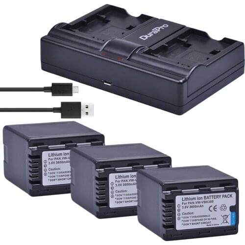 3PC VW-VBK360 VW VBK360 Camera Battery + USB Charger for Panasonic HDC-HS80 SD40 SD60 SD80 SDX1 SDR-H100 H85 H95 HS60 HS80 TM60