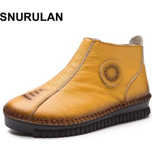 SNURULAN Vintage Style Genuine Leather Women Boots Flat Booties Soft Cowhide Womens Shoes Zip Ankle Boots Warm Winter Shoes