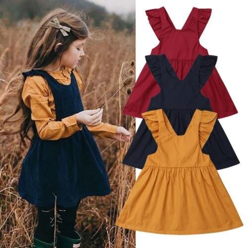 Children Girl Solid Color Dress With Ruffled Fly-Sleeves Open Back O-Neck Cotton Suspender Skirt Knee-Length A-Line Skirt 6M-5Y