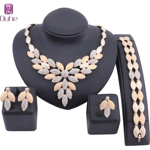 Dubai Bridal Crystal Jewelry Sets For Women Leaves Gold Necklace Earrings Bangle Ring Charm African Wedding Nigeria Jewelry Sets