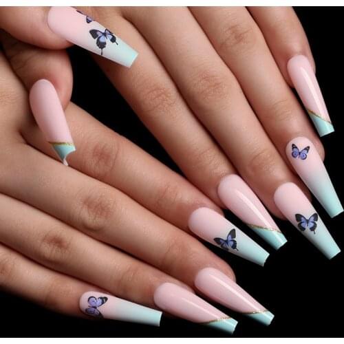 24 PCS Jelly Gel Durable Extra Long Coffin Artificial Fingernail Press on Full Set Butterfly Fake Nails With Designs SM14-0614