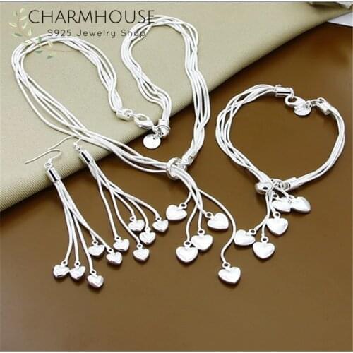 Charmhouse Pure Silver Jewellery Sets For Women Heart Long Tassel Necklace Bracelet Earrings 3pcs Fashion Jewelry Set Bijoux