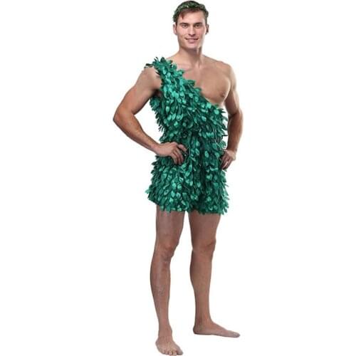 Adult Fairy Tales Cosplay Costumes Adam and Eve Suits Grass Headwear Green Jumpsuits Halloween Party Outfit for Men