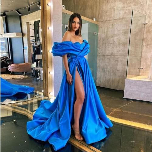 Blue Sexy Strapless Floor Length Summer Dress High Splie A-Line Evening Dress Saudi Arabia Prom Dress Custom Made Plus Size