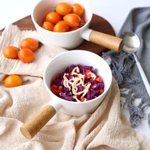 Simple Solid Color White Porcelain Breakfast Bowl with Bamboo Handle Salad Pasta Fruit Dessert Hand Bowls Household Products