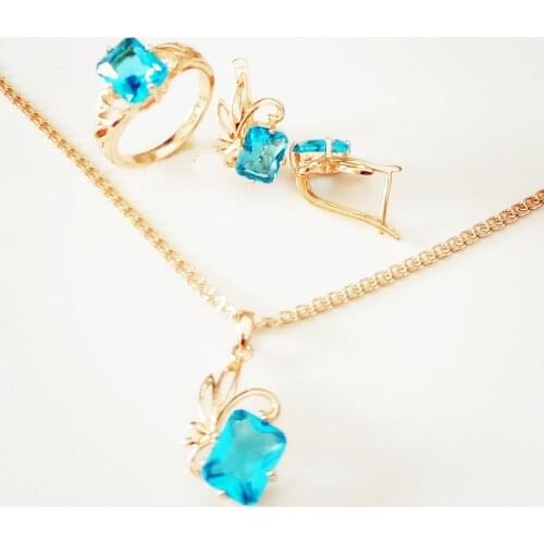 Fashion Women Jewelry Sets Flower Shape 585 Rose Gold Color Jewelry Set Earring +Ring +Pendant Engagement Jewelry Kits