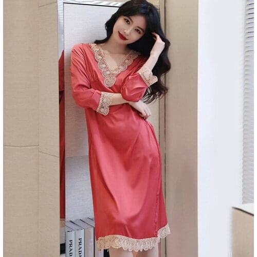 V-Neck Lace Nightgown Sleepshirt Womens Satin Sleepwear Long Sleeve Nightwear Sleeping Skirt Summer Thin Home Gown Sleep Dress