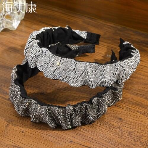 Haimeikang Luxurious Rhinestone Hairbands Pleated Crystal Headband Women Girls Elastic Hair Hoop Fashion Bezel Hair Accessories