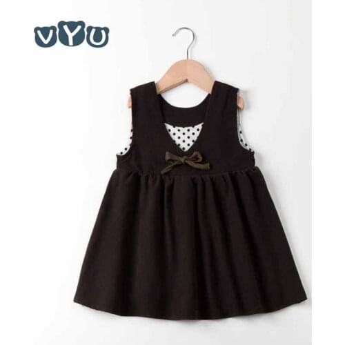 VYU Spring & Autumn Korean New Childrens Clothing Baby Girls Dress Quality Lovely Bow Brown Kids Tank Dress