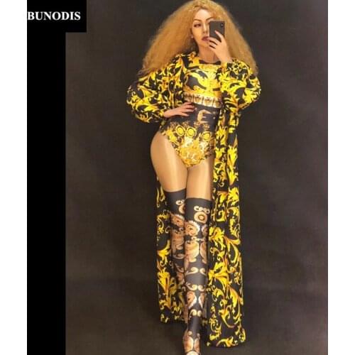 ZD326 Women Sexy Gold Totem Bodysuit & Coat 3D Printed Jumpsuit Nightclub Party Dancer Singer Stage Wear Show Time Bling Costume