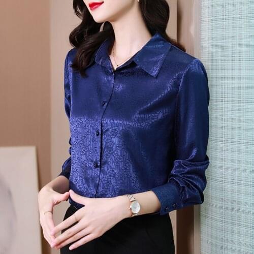 Korean Women Satin Button Up Shirt Woman Long Sleeve Blouses White Silk Women Shirt Elegant Office Lady Printing Loose Tops