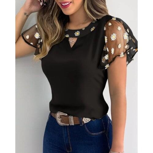Womens Mesh Ruffled Sleeve T-Shirt Summer Fashion Casual Flower Embroidery Cutout Mesh Sheer Tops Ladies Slim Round Collar Tops