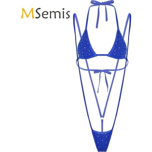 Womens Bikini Swimsuit Glitter Rhinestone Lingerie Suit Lace-up Swimwear Sunbathing Bikini Set Halter Neck Bra with G-string