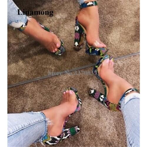Newest Sexy Women Open Toe Mixed-colors Snakeskin Chunky Heel High Platform Sandals One PVC Strap High Heel Sandals Dress Heels