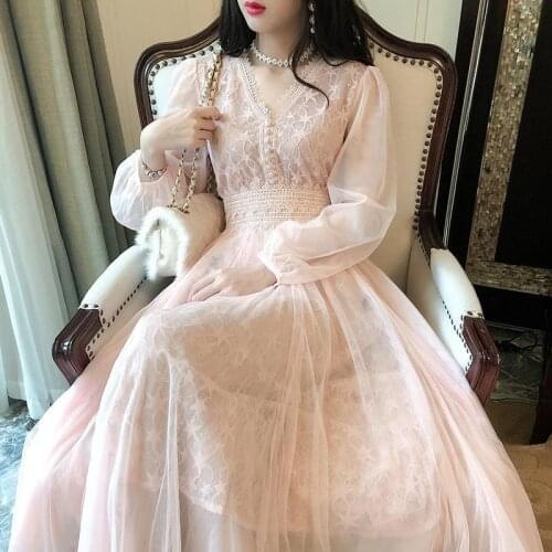 2021 Spring Summer Women Long Mesh Dress V Neck Stars Sequins Pink Apricot Fairy Dress Elegant Chic Feminine Lace Party Dresses