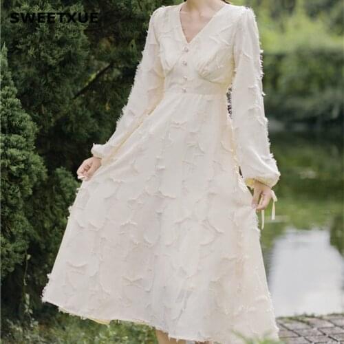 SWEETXUE Autumn New Sexy V Neck Lantern Sleeve Chiffon Dress Flocked Jacquard Pearl Buckle Vintage Elegant Party Club Dress 2019