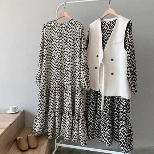 Casual Full Sleeve Dot Long Dress Round Neck Loose Chiffon Spring Summer Dress Women Fashion Black Loose Office Lady Vestidos
