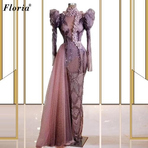 Luxury Purple Celebrity Dresses Mermaid Long Sleeves Elegant Evening Dresses Opening Ceremony Dresses Vestido De Fiesta De Boda
