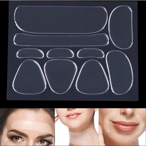 1 Set 10 In 1 Reusable Silicone Wrinkle Face Tapes Forehead Neck Eye Sticker Lift Pad