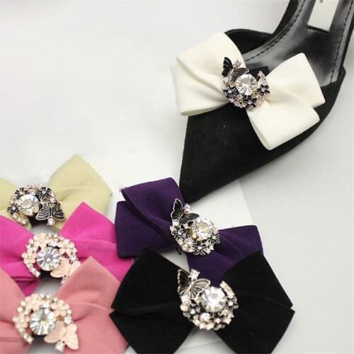 2PCS Womens Accessories Bags Hat Bridal Heels Bowknot Decor Bow Shoes Removable Velvet Charms Rhinestone Shoe Clips