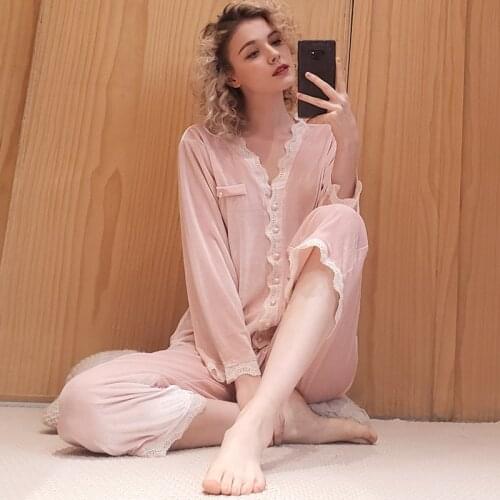 2020 Elegant Lace Princess Night Suits Ladies Vintage Cotton V-neck Pajama Set Women Night Wear Home Suit Lounge Set