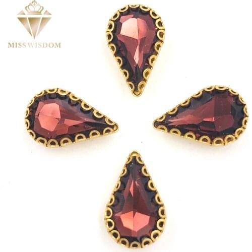 8X13mm Wine red teardrop sew on rhinestones gold base with hole lacy claw glass crystal pear shape rhinestone Diy accessories