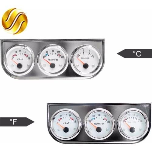 Dragon Gauge Car Triple Gauge Kit Volts Water Temp Celsius / Fahrenheit Oil Press KG / PSI 3 In 1 Kit Chrome Meter White Dial