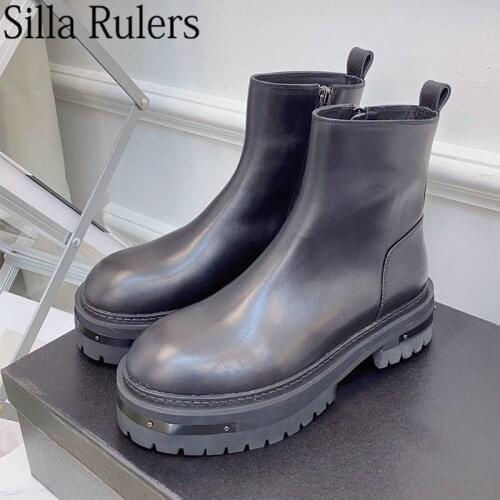New Autumn Thick Sole Chelsea Boots Woman Round Toe Zip Ankle Boots Woman Real Leather Chelsea Boots Short Boots Woman 2021