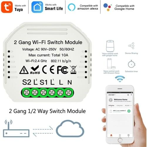 Smart Life/Tuya APP Remote Control 2 Gang 2 Way DIY WiFi Smart Light LED Dimmer Module Switch Work with Alexa Google Home