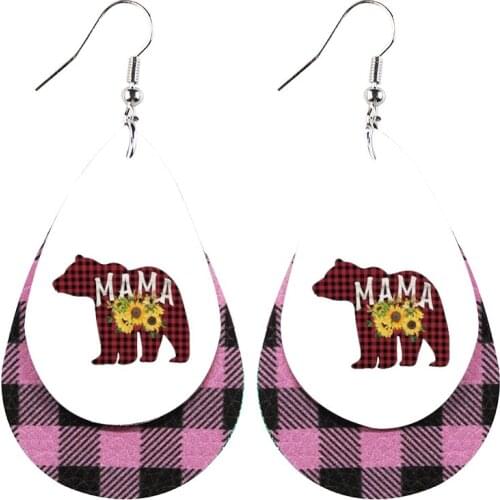 Leather Earrings-Mama Bear Buffalo Plaid Sunflowers Rustic Country Floral Teardrop Earrings