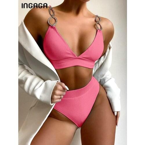 INGAGA Ribbed Swimwear Women High Waist Bikinis 2021 Solid Swimsuit 2021 Fashion Ring Bathing Suit Brazilian Biquini Summer New