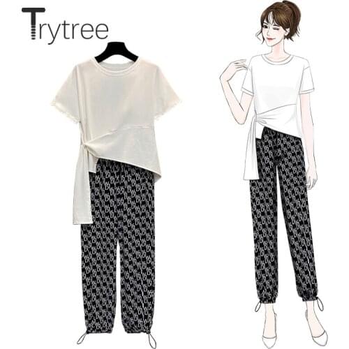 Trytree 2021 Summer Women Two Piece Set Casual Irregular Hem Cotton White T-shirt + Wide Legs Pants Elastic Waist 2 Piece Set