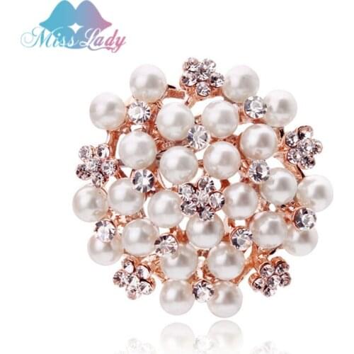 Miss Lady Rose Gold color Zircon Crystal Luxury imitation pearl Flower Brooches Towel Buckle Fashion Jewelry For Women MLY5591