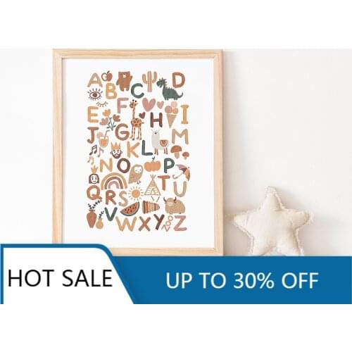 Boho Nursery ABC Alphabet Wall Art Canvas Painting Posters Prints Playroom Wall Decor New Baby Girls Gift Kids Room Decoration