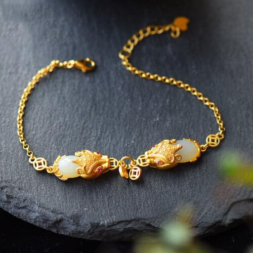 Natural Hetian Jade White Jade Pi Xiu Bracelet Evil-Proof Natural Jade Gold Necklace Lucky Coin Lucky Bracelet Ornament for Wome