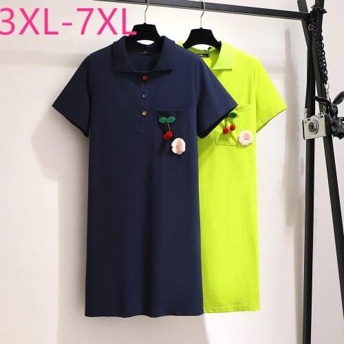 New summer plus size mini dress for women large short sleeve loose cotton blue green pocket dress with collar 4XL 5XL 6XL 7XL