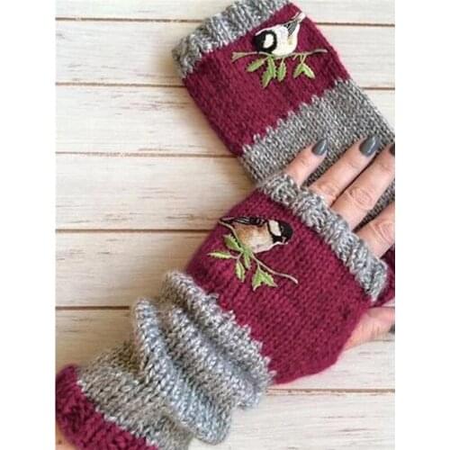 Birds Embroidery Knitted Gloves Women Girls Fashion Patchwork Color Fingerless Mittens Winter Thick Warm Plus Velvet Gloves